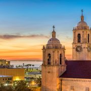 Corpus Christi Cathedral backdropped by palm trees